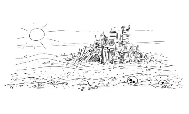 Vector Cartoon Illustration of Desert Landscape With Skulls and Bones and Abandoned Destroyed Modern City on Background. Epidemic, Famine, Human Extinction, End of Civilization Vector cartoon drawing or illustration of abandoned desert landscape with bones and skulls, abandoned destroyed city on background. Concept of famine, epidemic, end of civilization or human extinction. drawing of the destroyed city stock illustrations