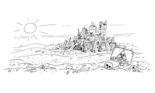 Vector Cartoon Illustration of Desert Landscape With Skulls and Bones and Abandoned Destroyed Modern City on Background. Concept of Epidemic or Pandemic Vector cartoon drawing or illustration of abandoned desert landscape with bones and skulls, abandoned city on background. Concept of epidemic, pandemic, coronavirus or covid-19 virus. drawing of the destroyed city stock illustrations