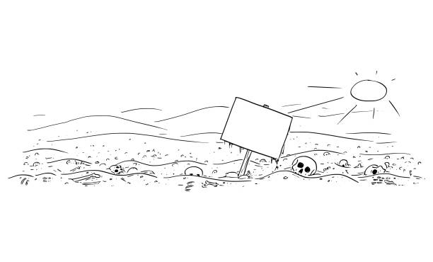wektor cartoon ilustracja desert landscape z czaszki i kości. puste znak dla tekstu. epidemia, głód, ludzkie wymieranie, koniec cywilizacji - historyczny światowy wypadek stock illustrations