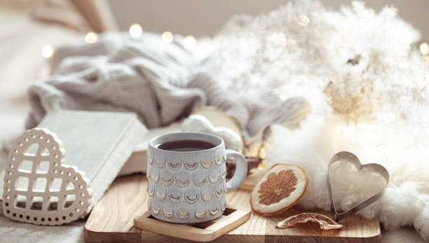 istock Home composition with beautiful cup on blurred cozy background. 1292406711