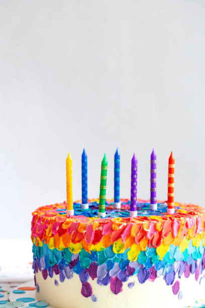 istock Handmade colorful big birthday cake with multicolored candles. 1292407189