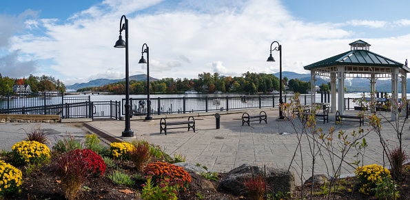 Panorama of Rogers Park, a public park and beach in Bolton Landing on Lake George in New York State