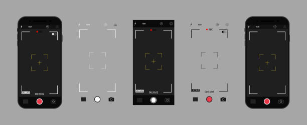 Camera in phone. Photo camera on screen of mobile with interface. UI for selfie in smartphone. App for photo and record video in cellphone. Icons of focus, frame, flash, zoom, grid and buttons. Vector