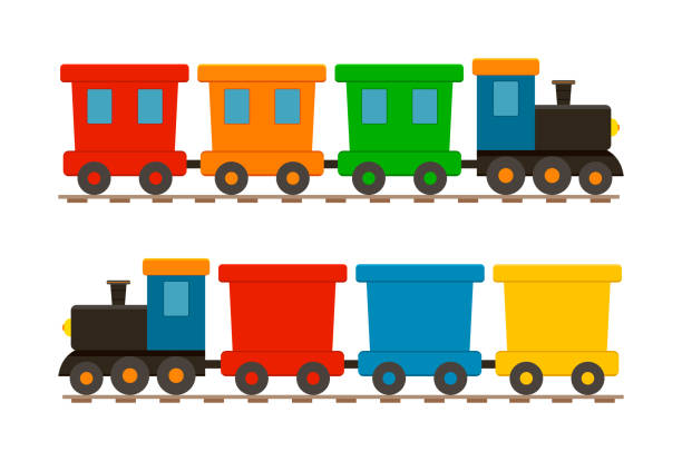ilustrações de stock, clip art, desenhos animados e ícones de toy train for kid. cartoon child locomotive with wagons. icon of cute train on railway. isolated set on white background for children. locomotive with engine and wheels on rails for holiday. vector - cartoon train