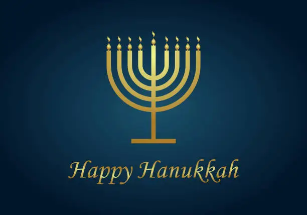 Vector illustration of Happy hanukkah. Gold menorah of hanuka on blue background. Jewish chanukah with menora, candles and oil. Card for judaism festival or party. Banner of hannukah. Hebrew illustration with text. Vector