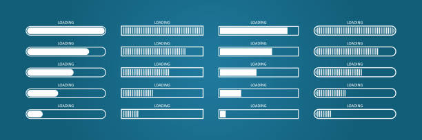 Progress bar of load. Digital status of download. White interface of loading on blue background. Futuristic icons of upload for waiting on computer, internet and app. Sign of timer and speed. Vector Progress bar of load. Digital status of download. White interface of loading on blue background. Futuristic icons of upload for waiting on computer, internet and app. Sign of timer and speed. Vector. progress window stock illustrations