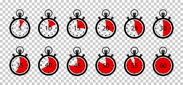 Clock timer with stopwatch. Icon of countdown for speed, cooking and sport. Watch time on round clock with minute, second. Start and stop on graphic chronometer. Counter with seconds. Vector.