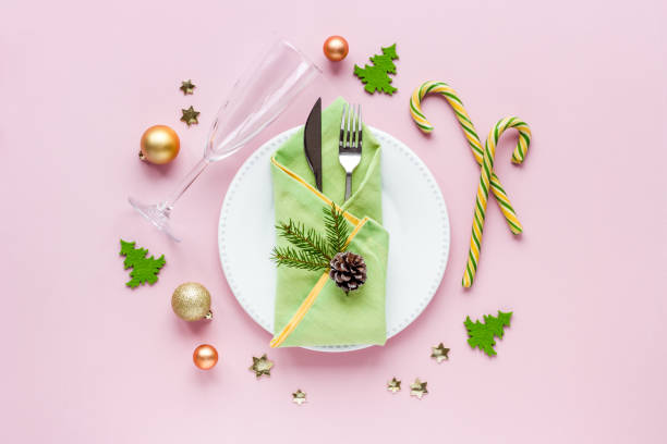istock Christmas dinner concept with empty plate and glasses. Top view, flat lay 1292414084