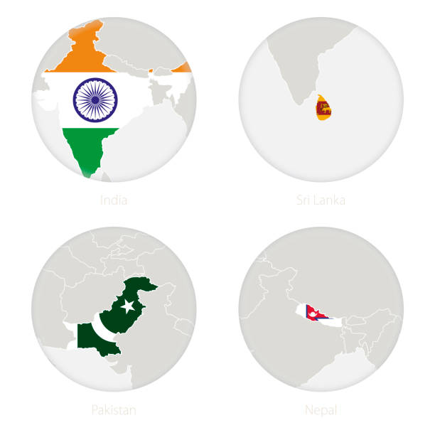 ilustrações, clipart, desenhos animados e ícones de índia, sri lanka, paquistão, contorno do mapa do nepal e bandeira nacional em um círculo. - india map sri lanka pakistan