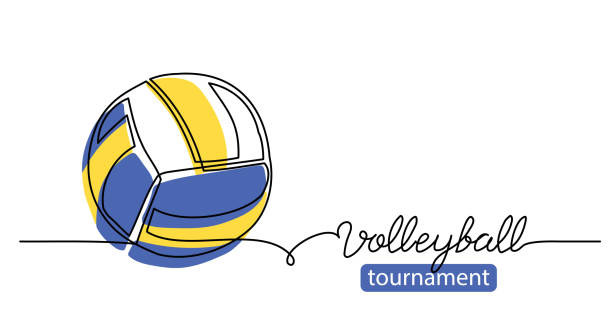 Volleyball tournament simple vector background, banner, poster with color ball sketch. One line drawing art illustration of volleyball ball Volleyball tournament simple vector background, banner, poster with color ball sketch. One line drawing art illustration of volleyball ball. volleyball stock illustrations