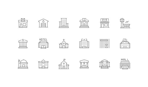 Public Buildings, Post Office, Fire Station, Office Center, Library, Store Icons Public Buildings, Post Office, Fire Station, Office Center, Library, Store, Airport, Bank, Hotel, Church, Hospital, Prison, Factory, Government, Police Station, School, Museum, Courthouse, Shopping Mall Icons government clipart stock illustrations