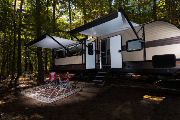 istock Camping trailer just before sunset at Falls Lake in North Carolina 1292420488