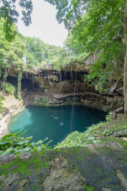 istock Natural pool in collapsed cave with hanging vines, stalactites and stalagmites 1292420578