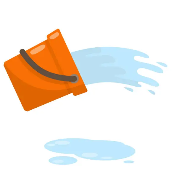 Vector illustration of Orange bucket of water. Splash and splatter. Liquid pours out.