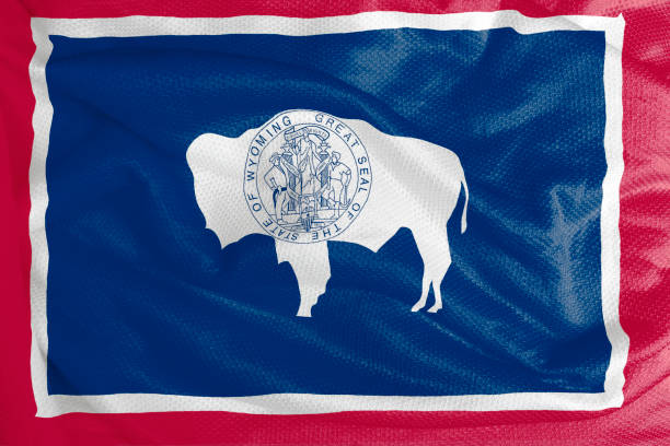 istock Wyoming flag waving from textured fabric 1292421101