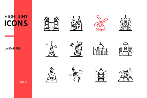 World famous landmarks - line design style icons. European, Asian architecture. Sightseeing, traveling idea. London bridge, Cologne Cathedral, Pisa, Eiffel towers, Russian church, Statue of Liberty