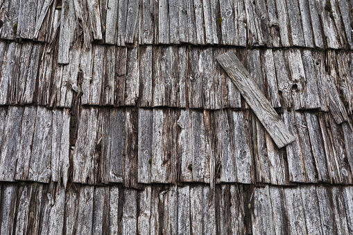 A shingle roof in Lithuania, Suminai ethnographic village. Traditional roofing of ancient houses.