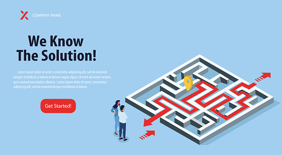 Man and woman standing in front of labyrinth, trying to find way out. Overcoming business challenges, problem solving concept. Isometric vector illustration. Website, webpage, landing page template