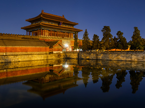 Panorama of the corner tower outside the Forbidden City and city moat in central Beijing. China,