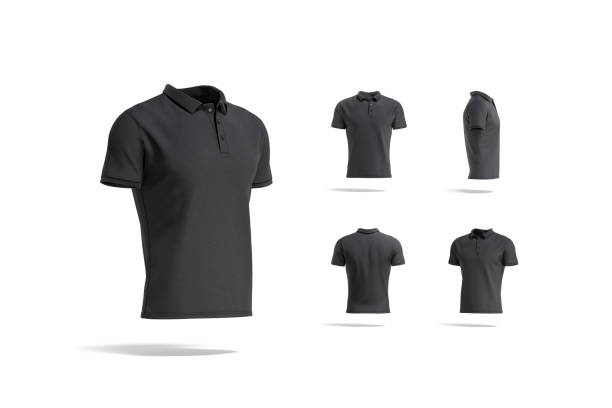 Blank black polo shirt mock up, different views Blank black polo shirt mock up, different views, 3d rendering. Empty classic cotton poloshirt model for golf uniform mockup, isolated. Clear fabric man t-shirt with collar and button template. polo shirt stock pictures, royalty-free photos & images