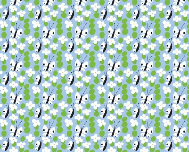 Vector illustration of Seamless pattern. Simple gentle flowers and weird seed pods alternating with light white butterflies.