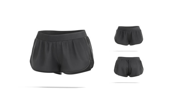 Blank black women sport shorts mockup, different views Blank black women sport shorts mockup, different views, 3d rendering. Empty mini briefs or pants for tennis or soccer mock up, isolated. Clear woman fabric sportswear template. shorts stock pictures, royalty-free photos & images