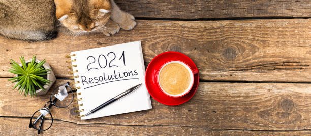 istock New year resolutions 2021 on desk. 2021 resolutions with notebook, cute cat, coffee cup, eyeglasses, succulent on wooden background. Goals, plan, strategy, list, idea, cozy home concept 1292429945