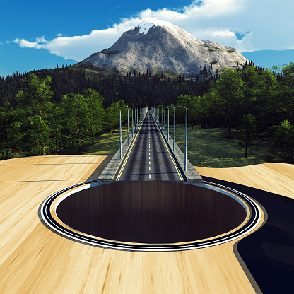 Guitar as a highway in the forest leading to a mountain . This is a 3d render illustration .
