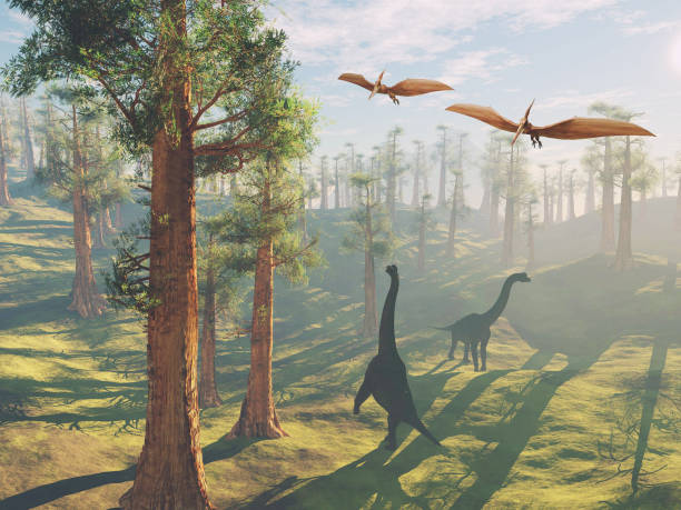 Brachiosaurus in the forest and pterodactyls flying above . This is a 3d render illustration .