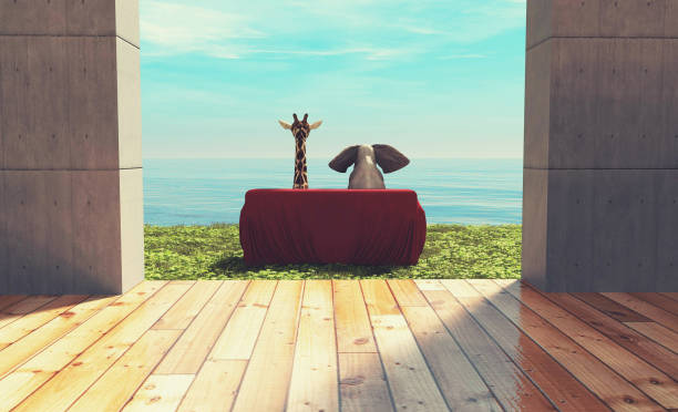 Elephant and a giraffe looking at the sea on a couch . This is a 3d render illustration .
