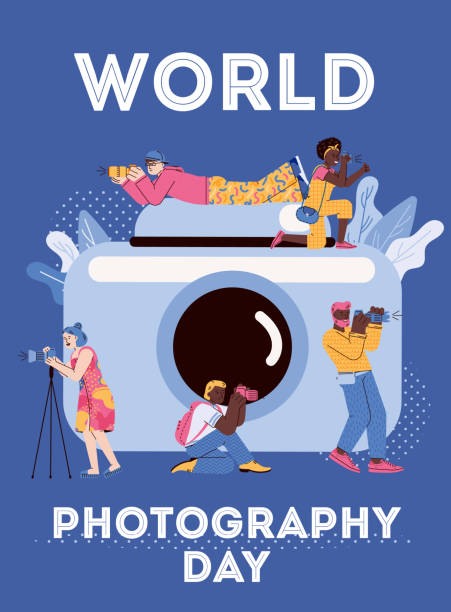 Colorful banner or poster for World Photography day cartoon vector illustration. Colorful banner or poster for World Photography day with cartoon tiny photographers in front of huge camera, flat vector illustration. Photographers professional holiday. Photography Day stock illustrations