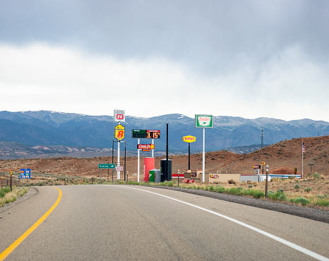 Salina, USA - Signs for gas stations and restaurants off Interstate 70 in rural Utah.
