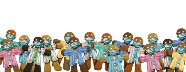Medical workers Gingerbread cookies with doctor or nurse and health worker wearing a face mask for health as an essential hospital people bake sale and virus infection during a pandemic as a 3D render.