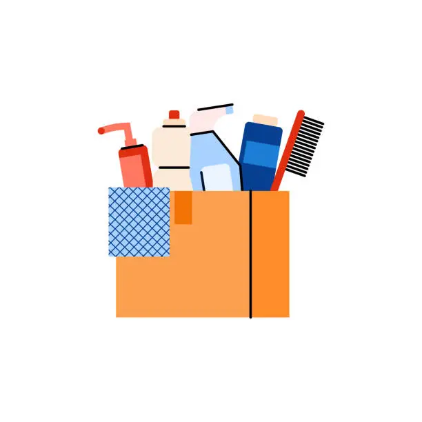Vector illustration of Cardboard box full cleaning and hygiene products for charity and donation.