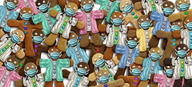 Gingerbread man doctor or nurse and health workers icon with a face mask for health and healthcare essential worker hero bake sale and preventing a virus infection during a pandemic as a 3D render.