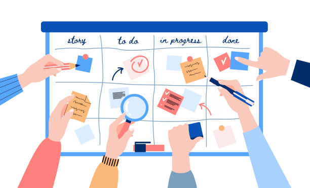 stockillustraties, clipart, cartoons en iconen met agile ontwikkeling van scrum team met behulp van kanban methodologie met sticking paper. - scrum