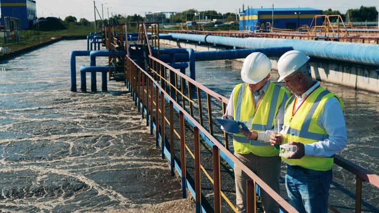 Wastewater operators checking water condition at a sewage treatment plant