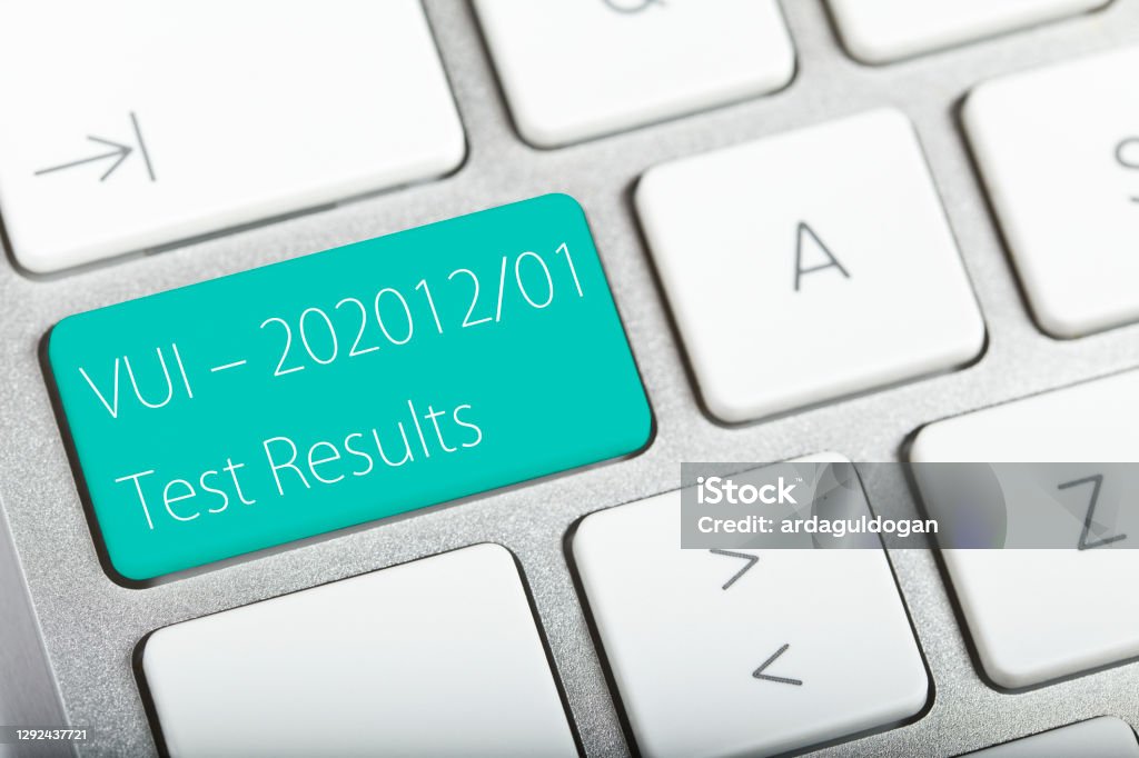 Covid Mutation Test Results VUI - 202012/01 Covid mutation test results button on a keyboard. Antibiotic Stock Photo