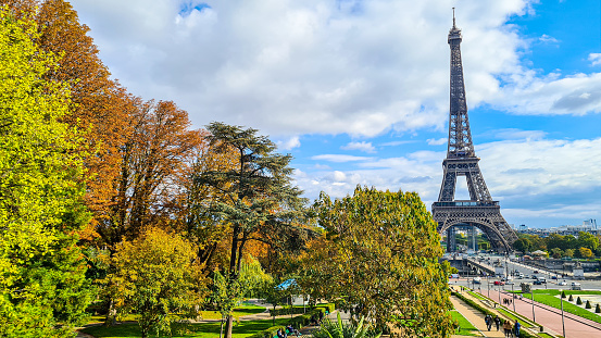 View on the Eiffel Tower from Trocadero Esplanade in Autumn.