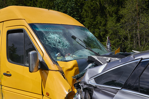 July 7,2020, Cena, Latvia, damaged cars on the highway at the scene of an accident because of non-observance of distance