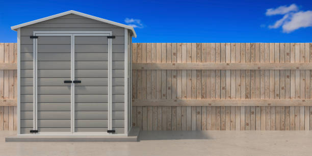 istock Gardening tools storage shed in the house backyard. 3d illustration 1292441713