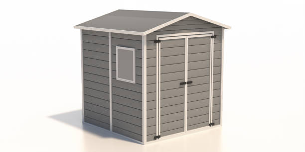 Gardening tools storage shed in the house backyard isolated on white background. 3d illustration