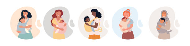 zestaw czterech pań niosących swoje dzieci - baby carrier obrazy stock illustrations