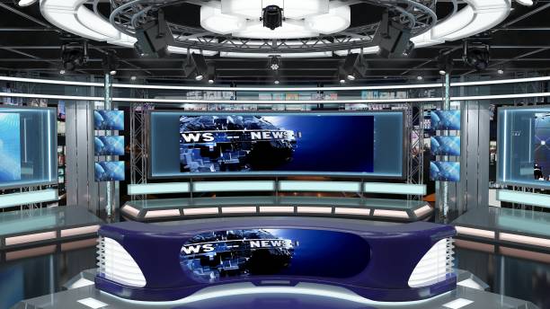 istock Virtual TV Studio News Set 1.2-3 Green screen background. 3d Rendering. 1292442432
