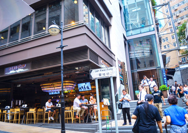 Street View of Lan Kwai Fong, a popular place for expatriate haunt in Hong Kong stock photo