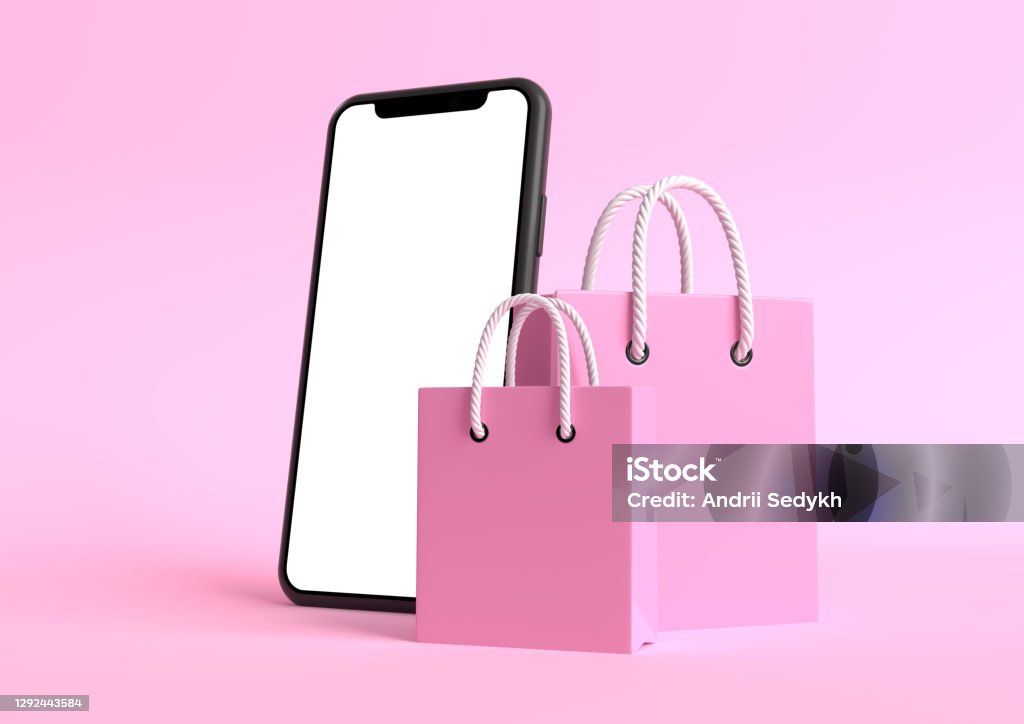 Shopping bags with empty smartphone screen on a pink background Shopping bags with empty smartphone screen on a pink background. Online shopping and advertising concept. 3d render illustration Online Shopping Stock Photo