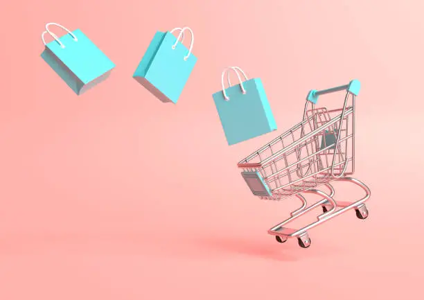 Flying shopping cart with shopping bags on a pink background. Shopping Trolley. Grocery push cart. Minimalist concept, isolated cart. 3d render illustration