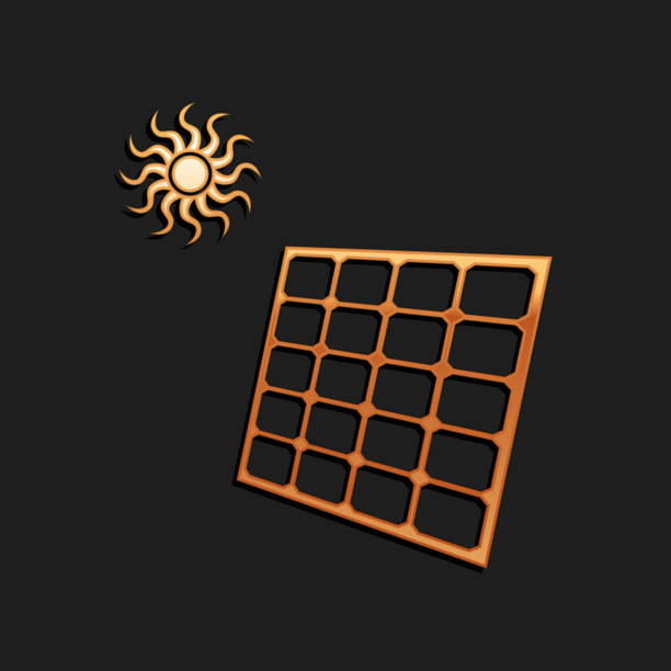 gold solar-solar-panel und sonnen-symbol isoliert auf schwarzem hintergrund. langer schatten-stil. vektor - solar power station solar panel sun house stock-grafiken, -clipart, -cartoons und -symbole