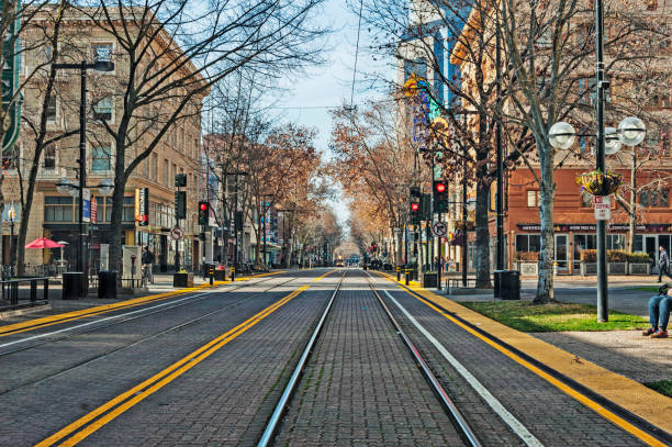 State Capital Street Downtown with Light Rail Tracks stock photo