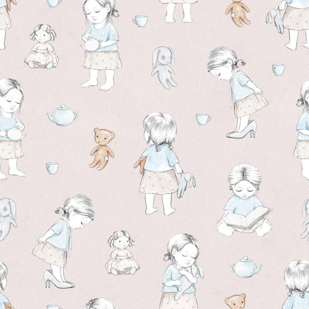 Watercolor seamless floral pattern with baby girl, doll, bear, bunny and dishes on rose paper texture Seamless pattern with baby girl, cartoon doll, bear, bunny and dishes isolated on pink paper background. Watercolor hand drawn illustration pink teddy bear stock illustrations